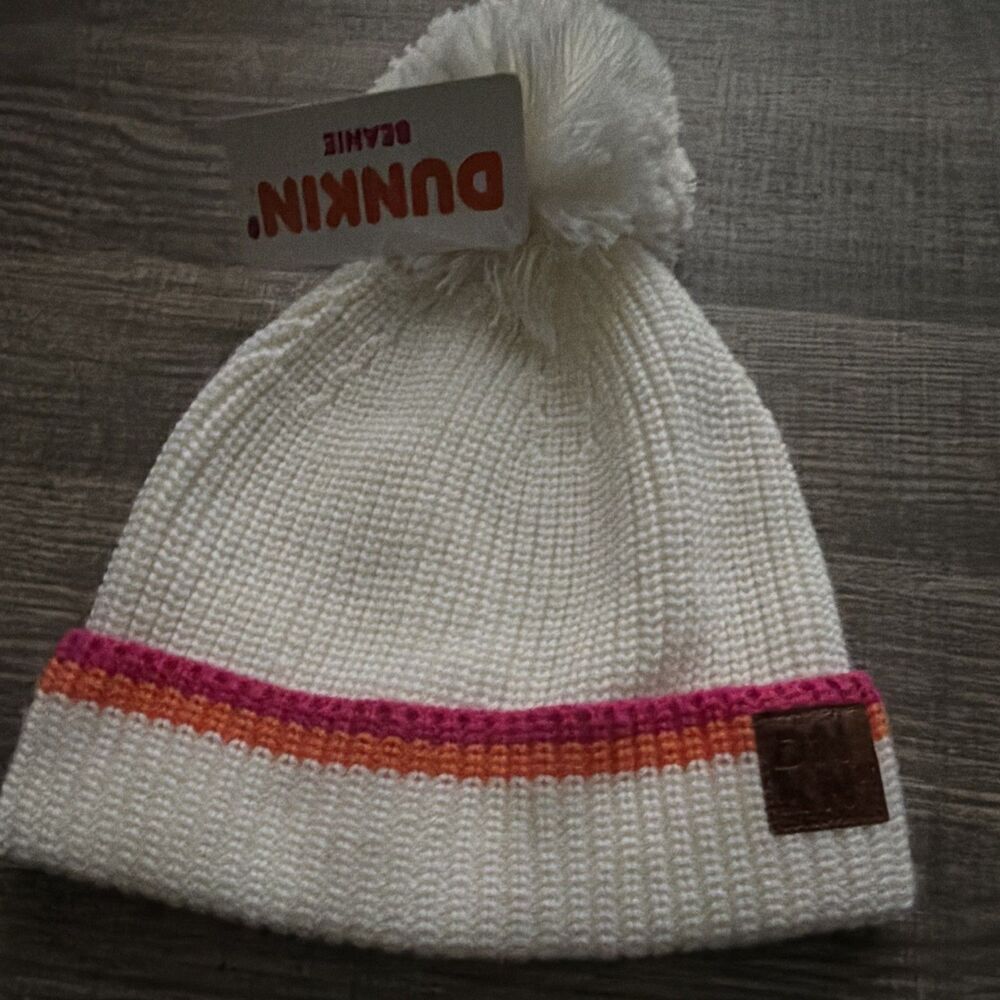 Dunkin' Women's Knit Beanie Hat White Pink Orange Striped Logo Pom Pom Stretch